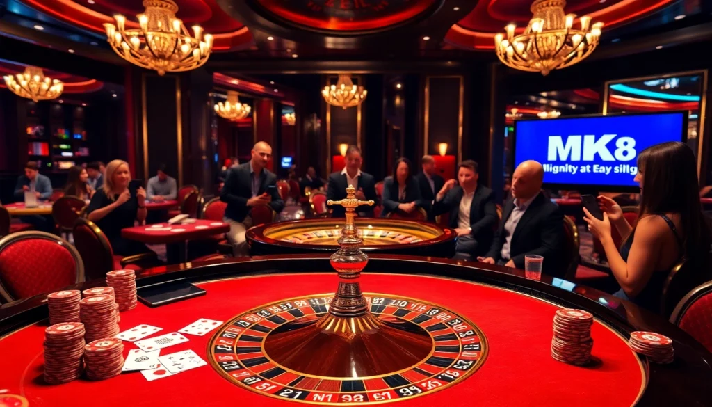 Engaging players at an MK8 branded luxurious casino with roulette wheel and vibrant chips.