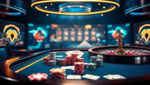 Engaging online gambling interface highlighting רמי אונליין with poker chips and roulette wheel.