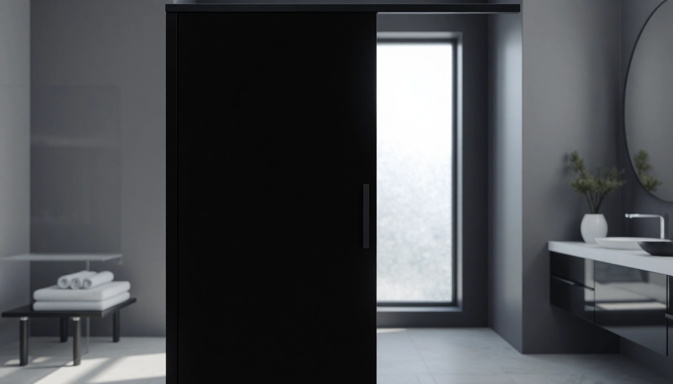 Showcase a black shower sliding door with a sleek design in a modern bathroom.