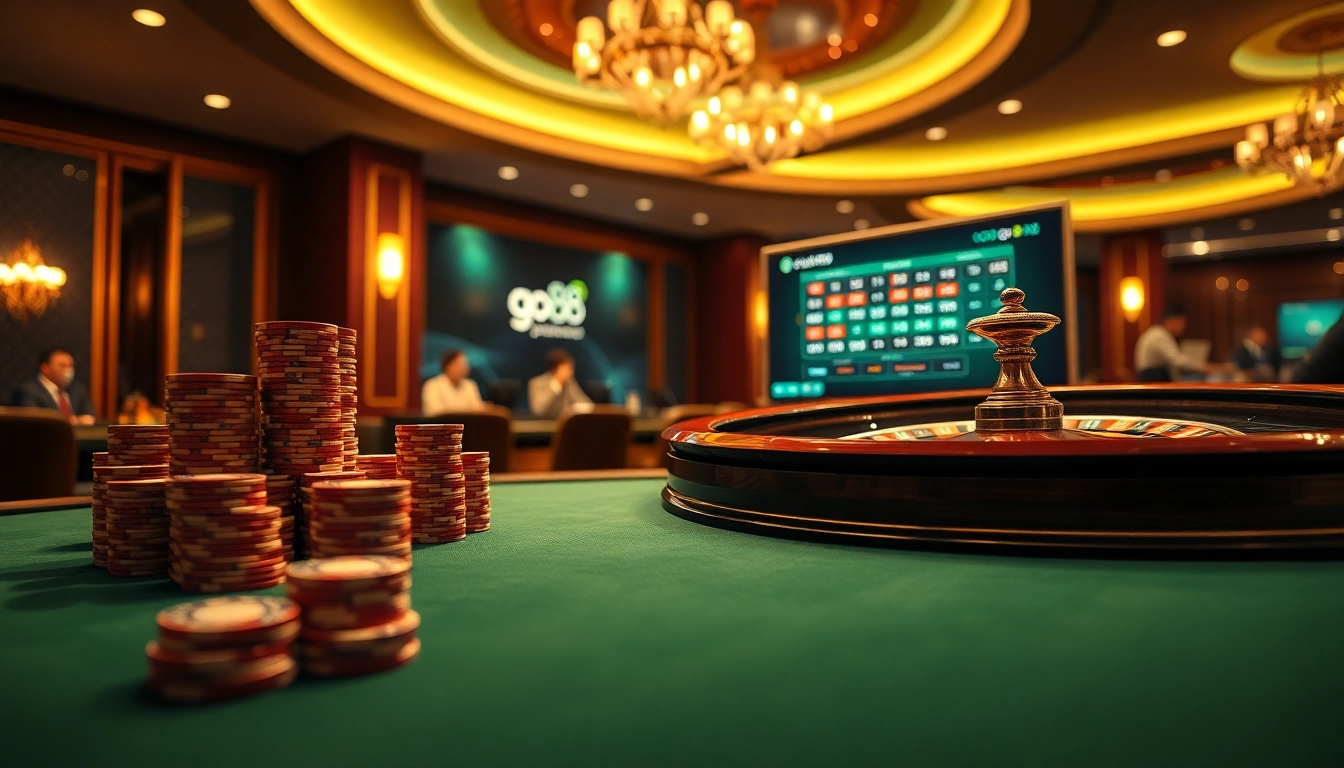 Players enjoying a thrilling game experience with go88 at a luxurious casino table featuring poker chips and roulette.