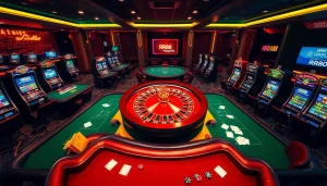 Experience the vibrant atmosphere of RR88 casino with roulette and poker tables, immersed in luxury.
