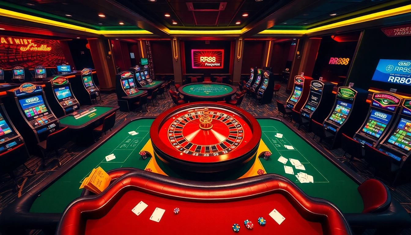 Experience the vibrant atmosphere of RR88 casino with roulette and poker tables, immersed in luxury.