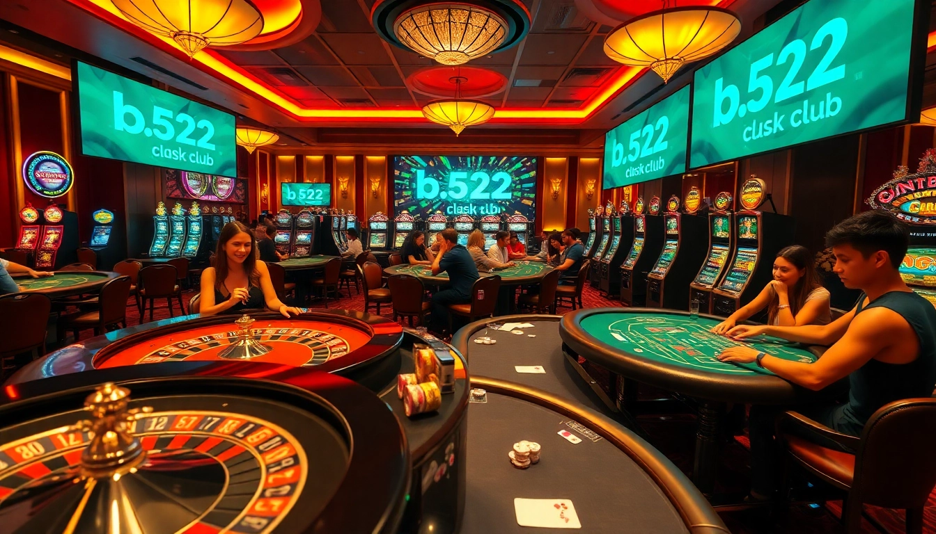 Players experiencing excitement while gambling at the b52club casino, showcasing poker tables and slots.
