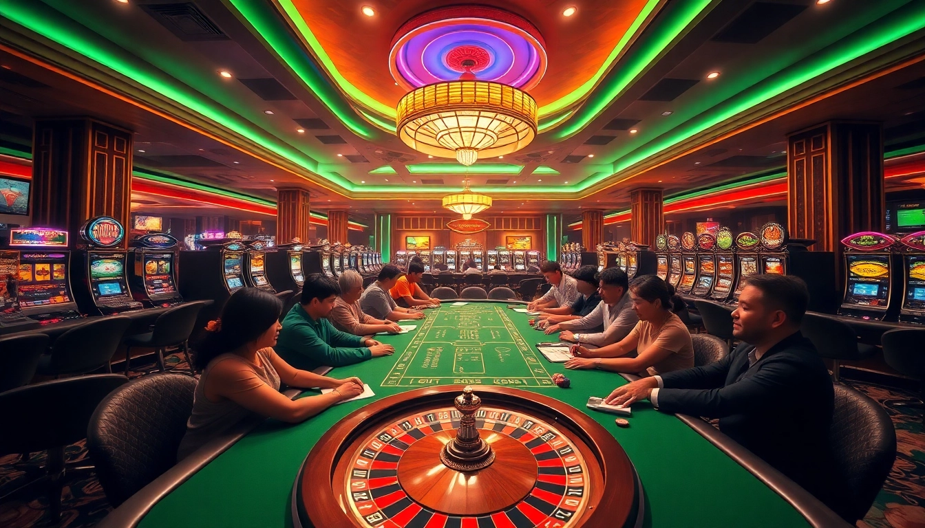 Kèo nhà cái 5 betting action at an upscale casino with players engaged at the tables.