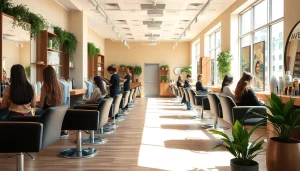 Vibrant interior of hair salons san diego, showcasing skilled stylists, Aveda products, and a welcoming atmosphere.