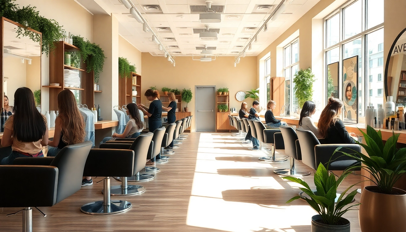 Vibrant interior of hair salons san diego, showcasing skilled stylists, Aveda products, and a welcoming atmosphere.