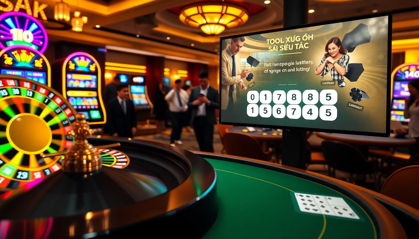 Playing Tool xổ số siêu tốc in a luxurious casino setting with vibrant gaming visuals.