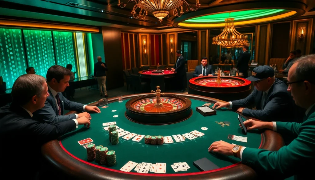 KJC poker table scene with high-stakes players and colorful chips in a luxurious casino.