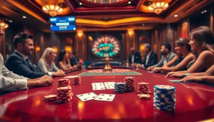 Players engaging in a high-stakes poker game at onicplay, showcasing cards and vibrant chips.