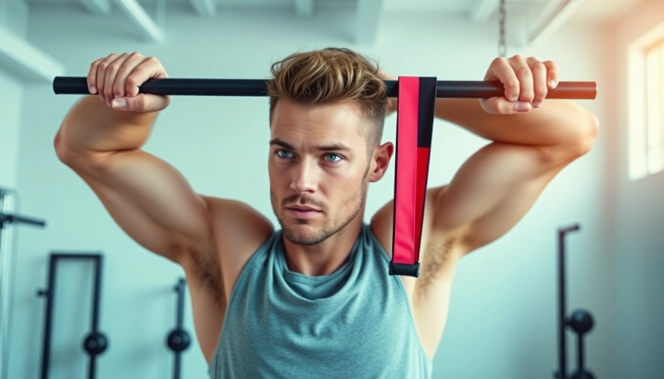 Active athlete using a pull-up assist band in a gym for strength training.