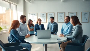 Engaging scene of sales reps collaborating to successfully hire sales reps in a modern office setting.