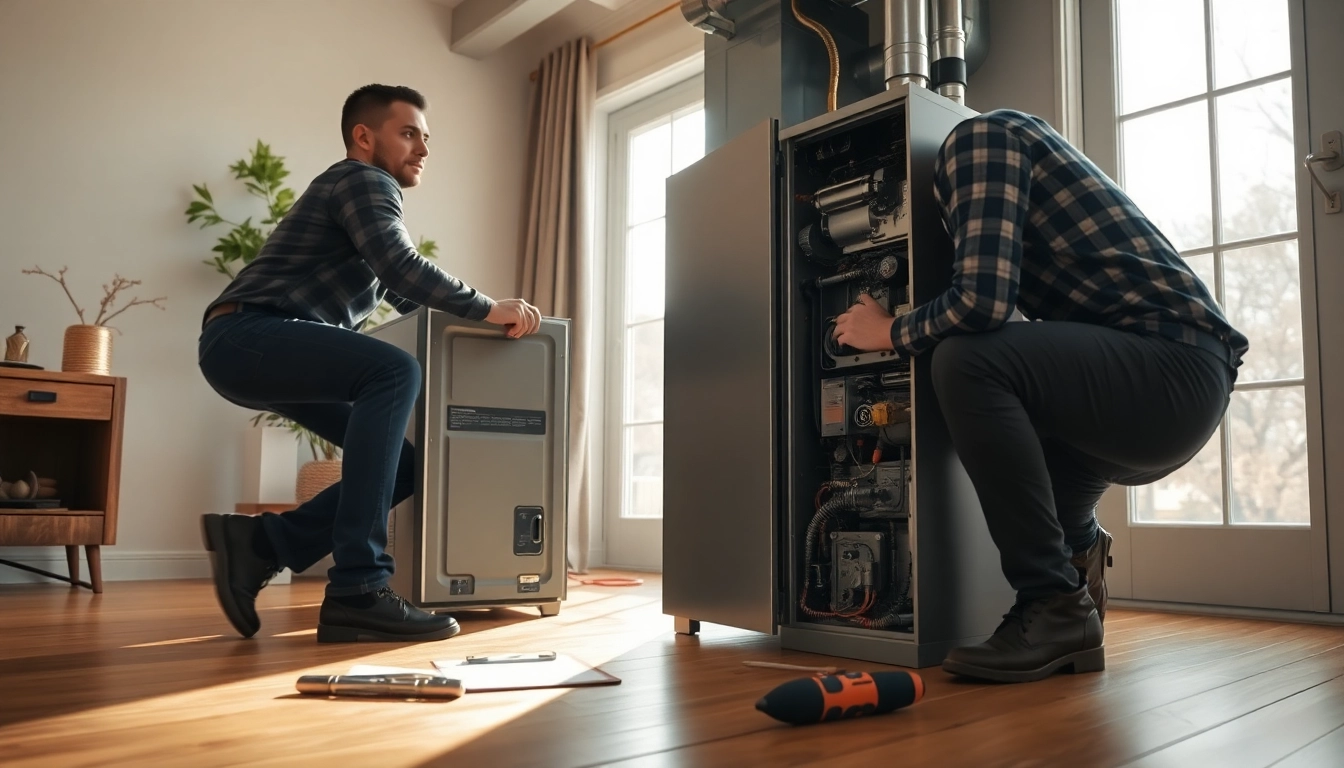 Gas furnace replacement mt kisco being installed by a technician in a modern living room setting.