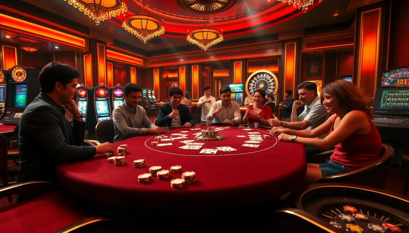 Engaged players enjoy רמי אונליין in a vibrant, luxurious casino atmosphere with poker tables and excitement.