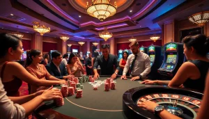 Exciting poker game atmosphere at https://febet8.com with vibrant chips and professional dealer.