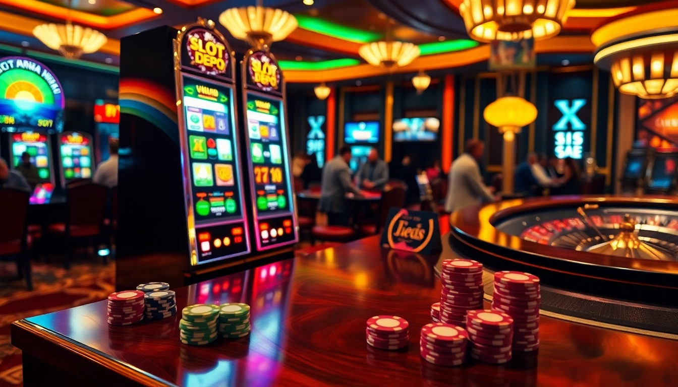 Play slot depo 5k on a vibrant casino floor with colorful slot machines and poker chips.