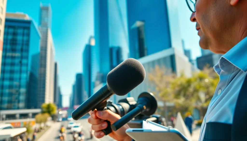 Journalist covering breaking news for Usa Today amidst a vibrant cityscape.