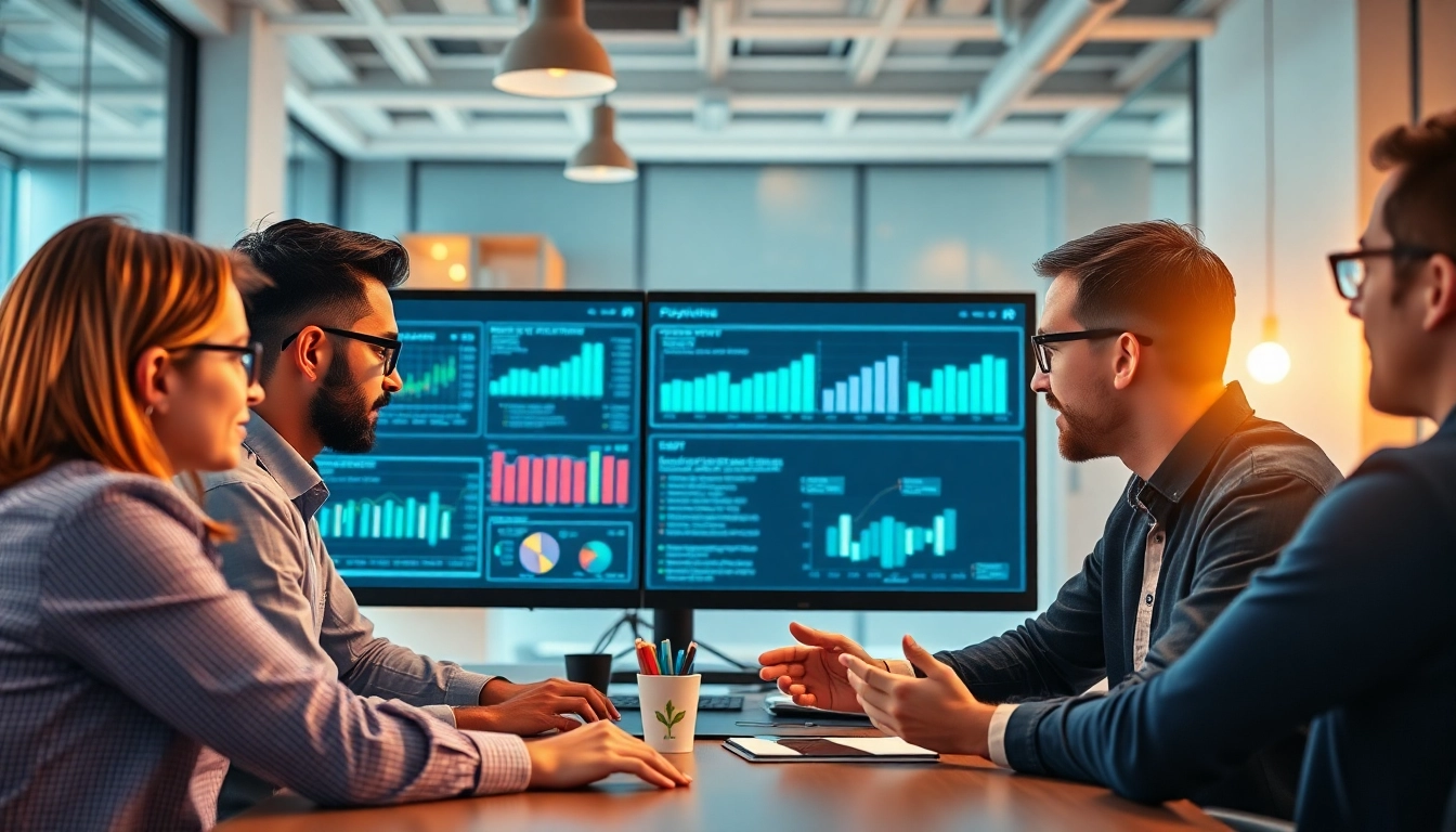 Menyusun strategi gudangcuan dengan tim pemasaran digital di ruang kerja modern.