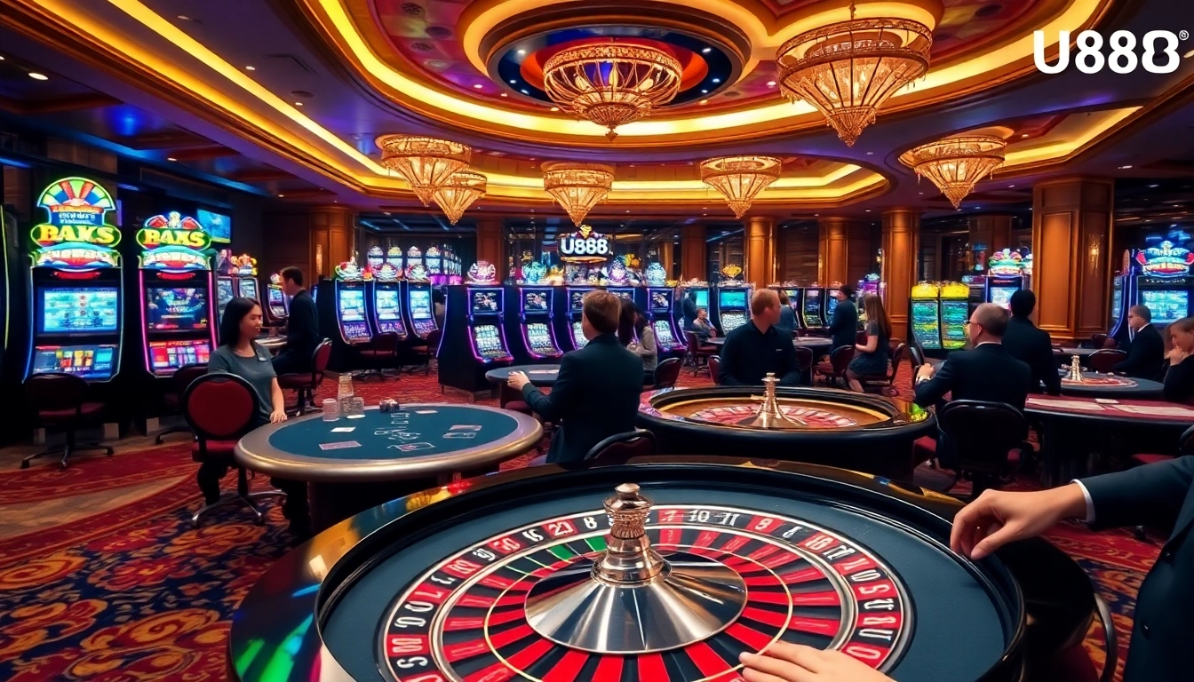 Players enjoy gaming at U888's lively casino, showcasing poker, slots, and roulette.