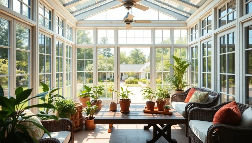 Experience the beauty of a patio sunroom surrounded by a tranquil garden, inviting relaxation.