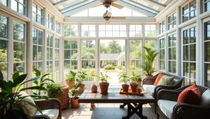 Experience the beauty of a patio sunroom surrounded by a tranquil garden, inviting relaxation.