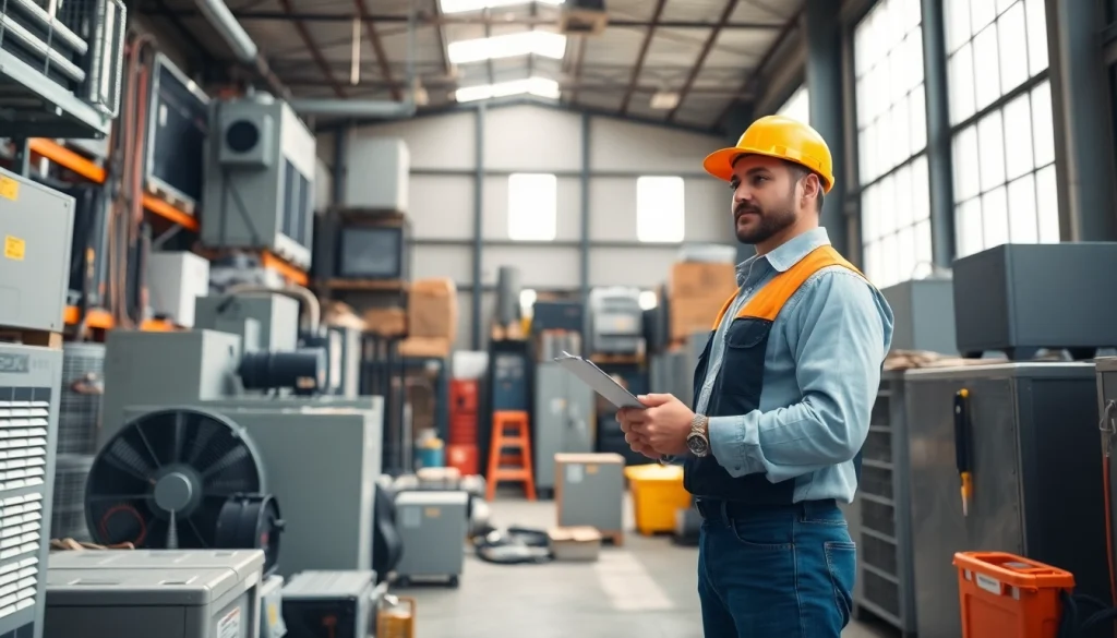 Wholesale HVAC for Contractors: Contractor inspecting high-efficiency HVAC unit in a well-organized warehouse.