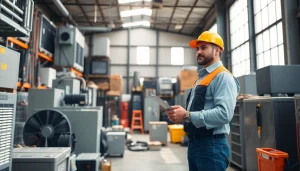 Wholesale HVAC for Contractors: Contractor inspecting high-efficiency HVAC unit in a well-organized warehouse.