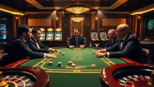 Experience the thrill of topclub with stylish gamblers at a luxurious poker table amidst glowing slot machines.