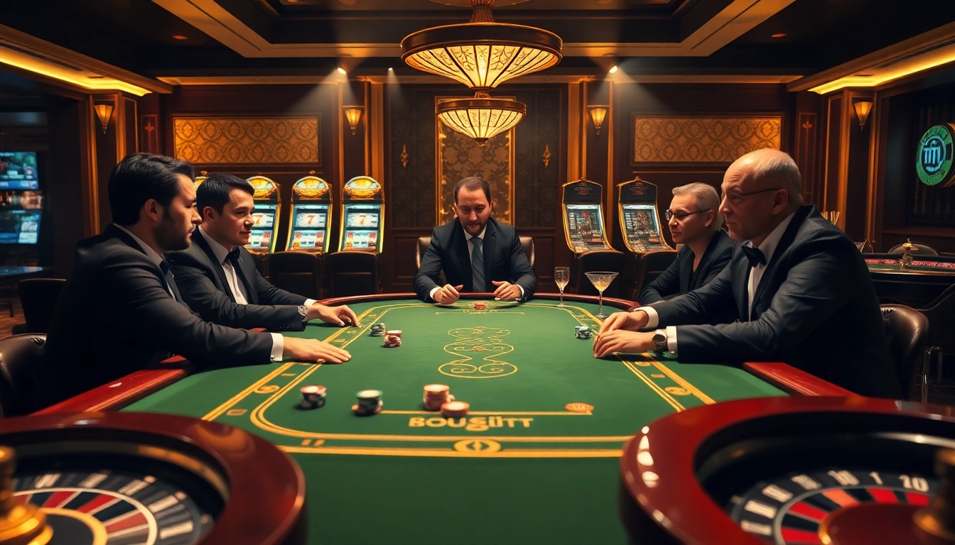 Experience the thrill of topclub with stylish gamblers at a luxurious poker table amidst glowing slot machines.