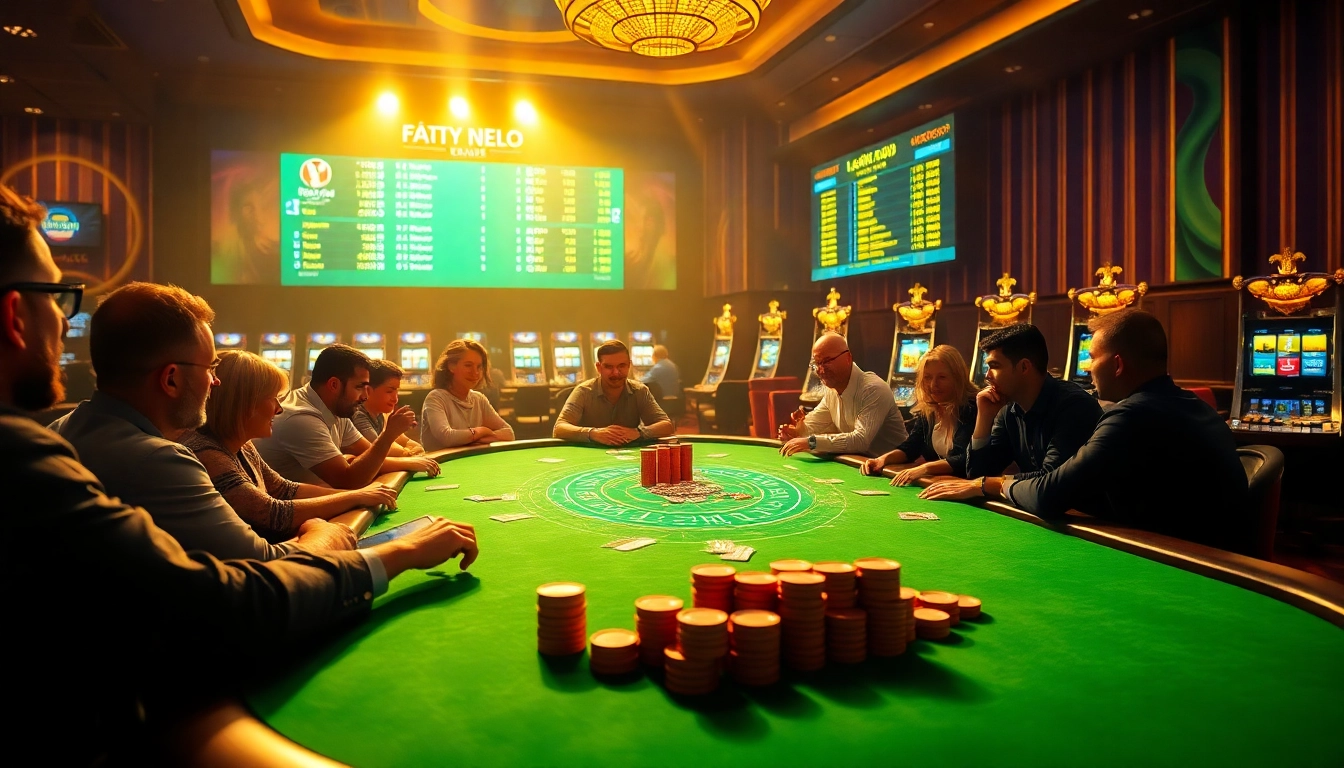 Exciting casino environment featuring a poker table with bets and kết quả các trận bóng đá displayed in the background.