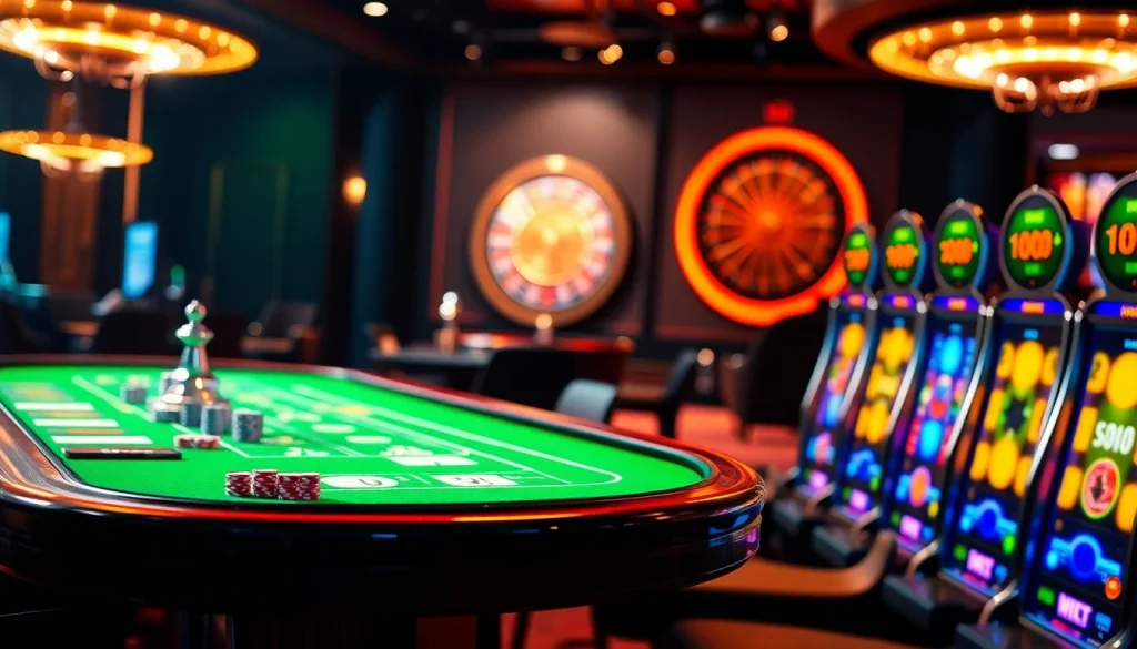 Exciting betting scene showcasing 7upbet with roulette wheels, slot machines, and poker chips.