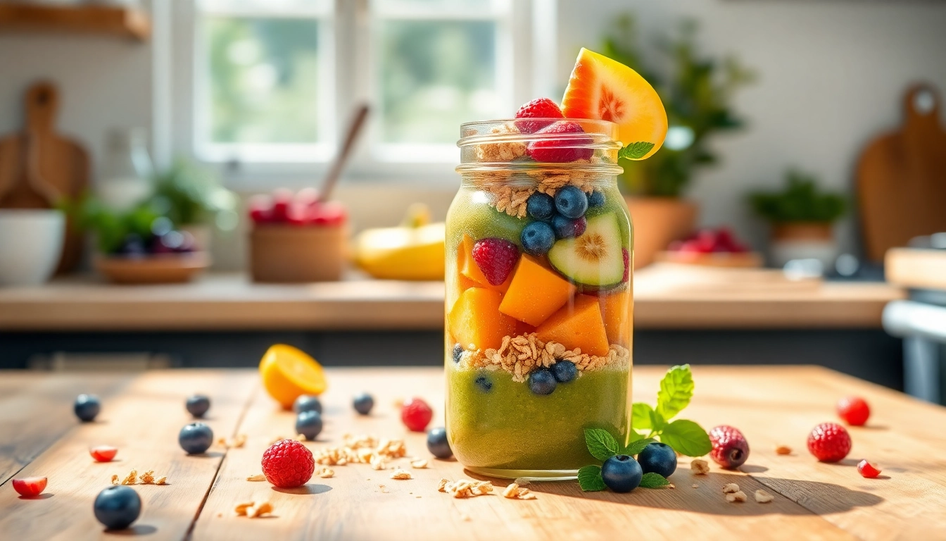 Savory mason jar breakfast recipe from https://masonjarbreakfast.com with vibrant fruits and granola.