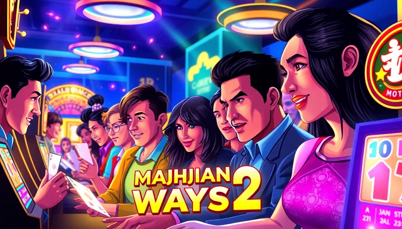 Experience Mahjong Ways 2 in a dynamic casino setting, showcasing players celebrating their wins at vibrant slot machines.