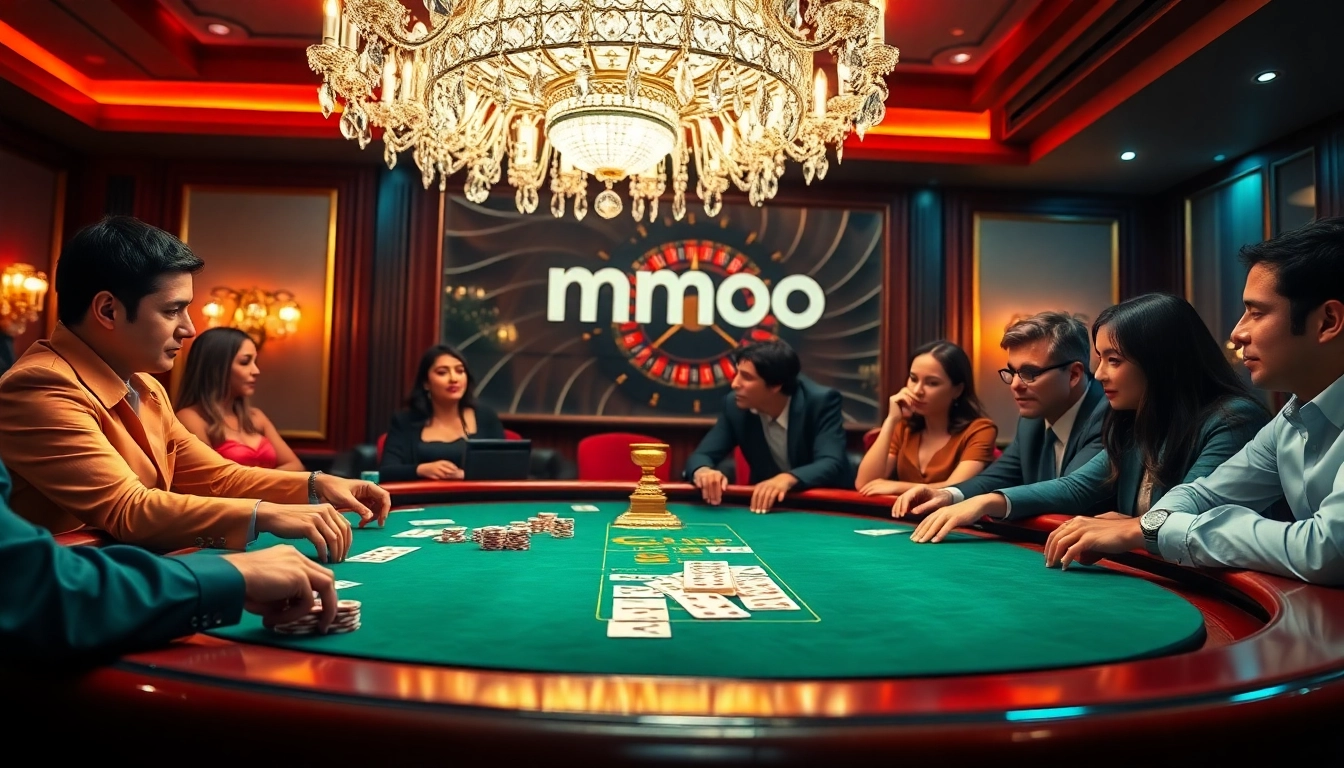 Experience thrilling gameplay at mmoo with a vibrant casino atmosphere, poker chips, and a roulette wheel.