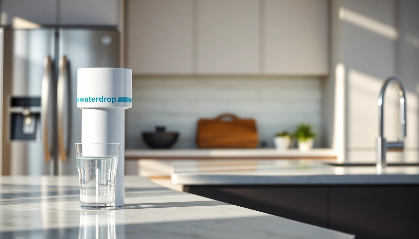 Waterdrop 4396841 Replacement for Everydrop® Filter 3 showcasing a sleek design on a kitchen counter with clear water in a glass.