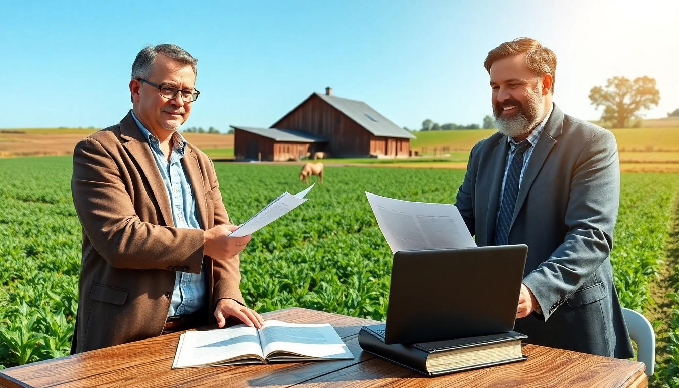 Agricultural law attorney reviewing documents with a farmer in a rural setting.