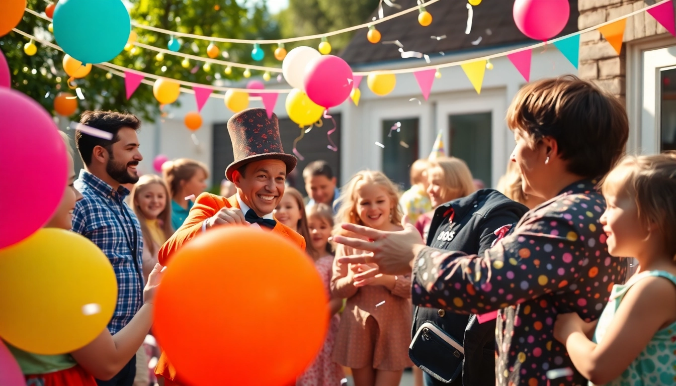 Children enjoying birthday party entertainers, featuring a magician creating magic at a colorful celebration.