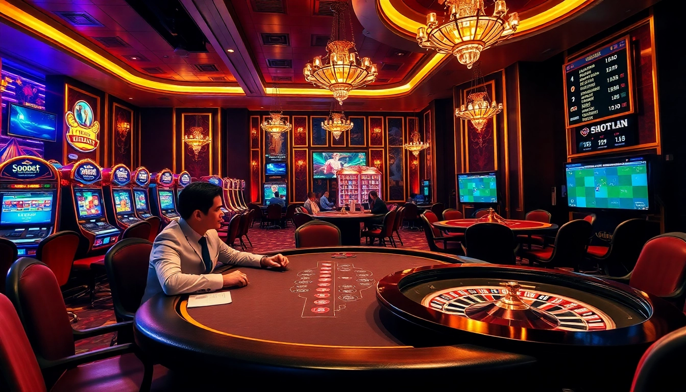 Sbobet players engaging in high-stakes poker at a luxurious casino table, surrounded by vibrant slot machines.