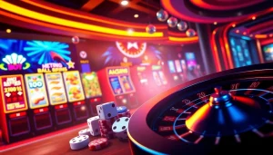 Naga169 aman highlights secure online gaming with slot machines, poker chips, and a dynamic casino atmosphere.