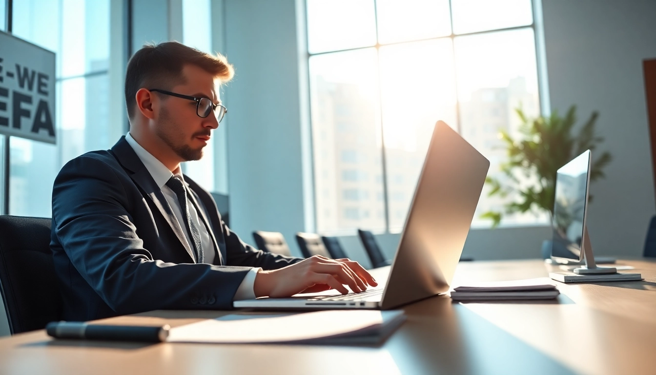 Reviewing the uk eta online application on a laptop in a professional office.