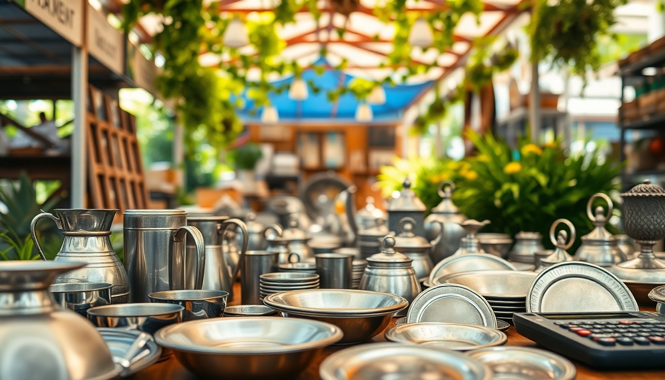Zinn verkaufen in einem Markt mit verschiedenen Zinnartikeln und einladendem Ambiente.