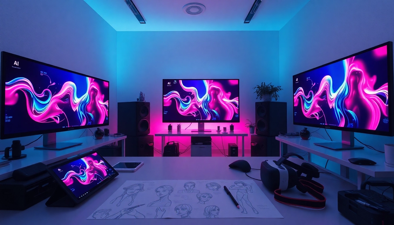 AI porn technology showcased in a vibrant digital studio, featuring high-tech computers and creative ambiance.