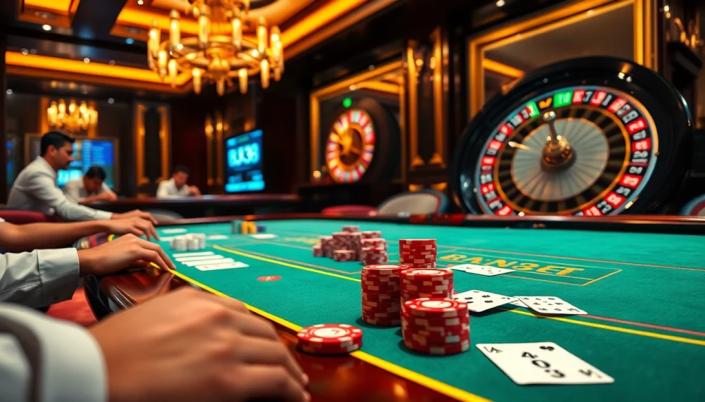 Experience the excitement of BJ38 with vibrant poker tables and a dazzling roulette wheel.