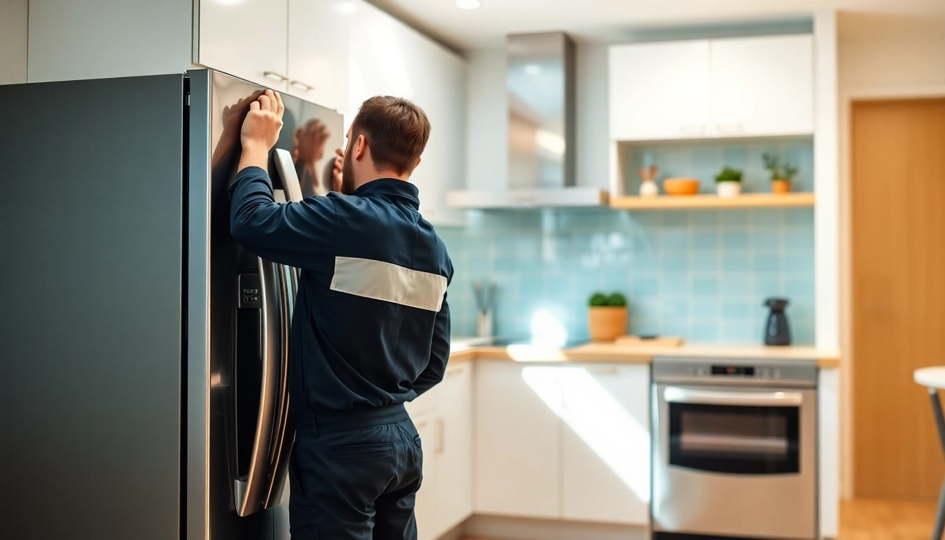 Technician performing appliance repair ottawa in a stylish kitchen setting, showcasing professionalism.