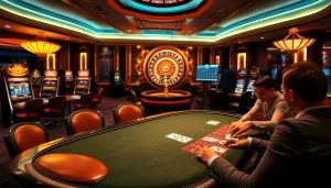 Người chơi đang tham gia một ván poker đầy hồi hộp tại casino https://luck8.net, được bao quanh bởi những máy đánh bạc sinh động.