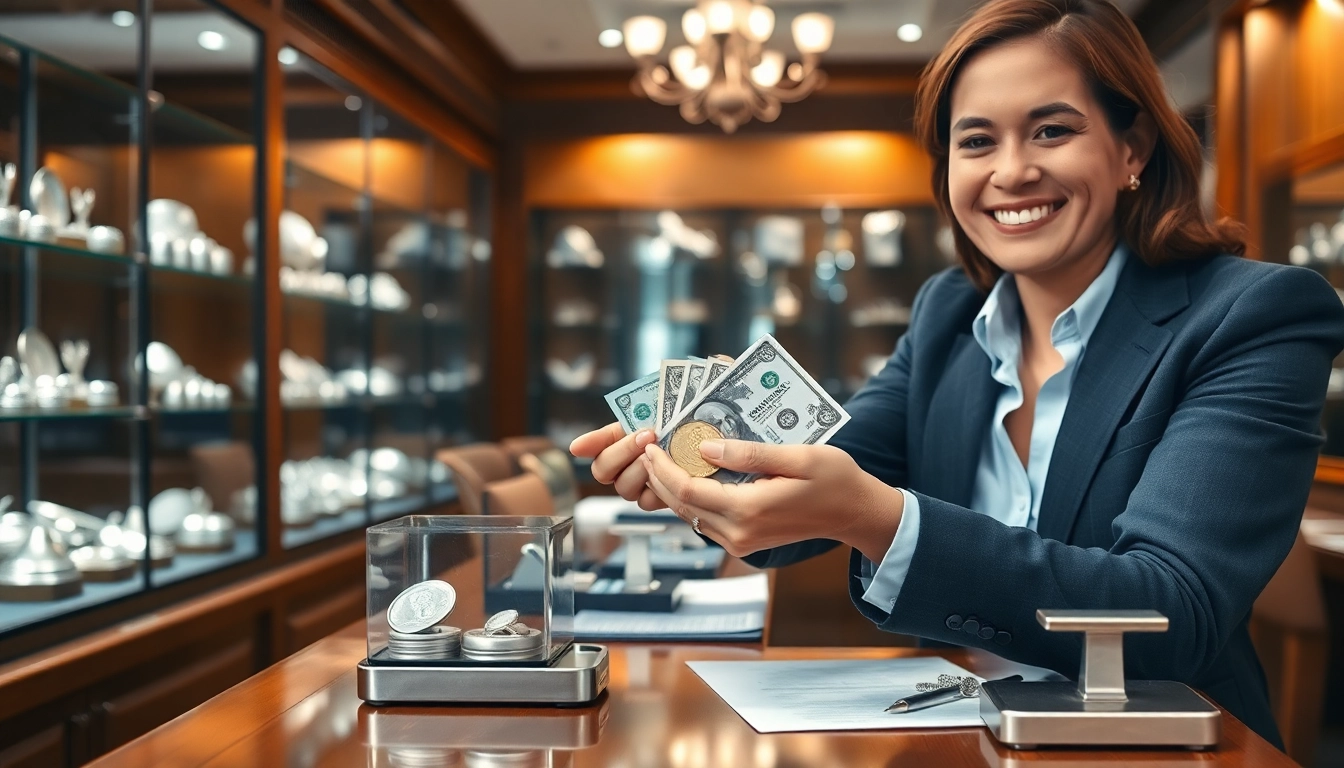 Silberankauf: Kunde erhält Geld für sein Silber in einem eleganten Geschäft.
