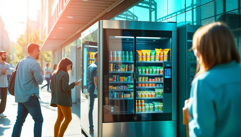 Small vending machine in an urban setting, featuring healthy snacks and a modern interface.