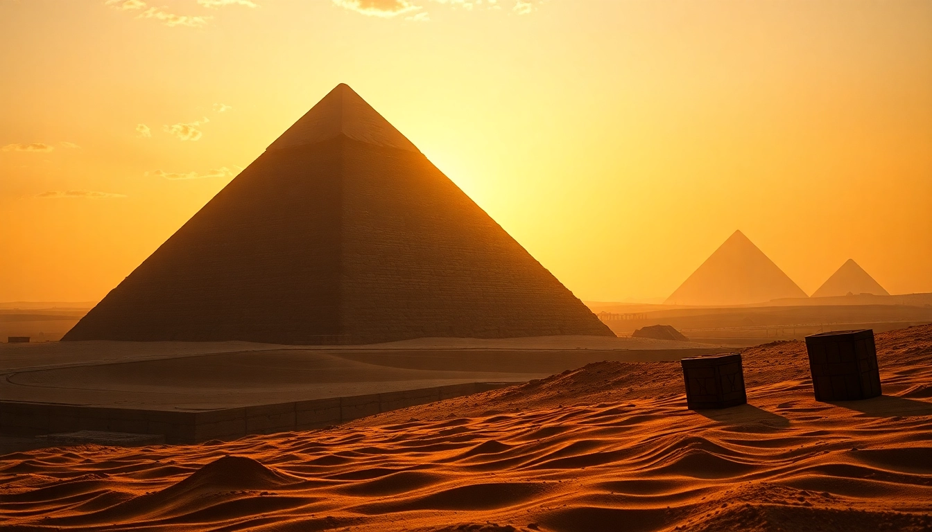 View of piraminds against a sunset backdrop highlighting ancient engineering.