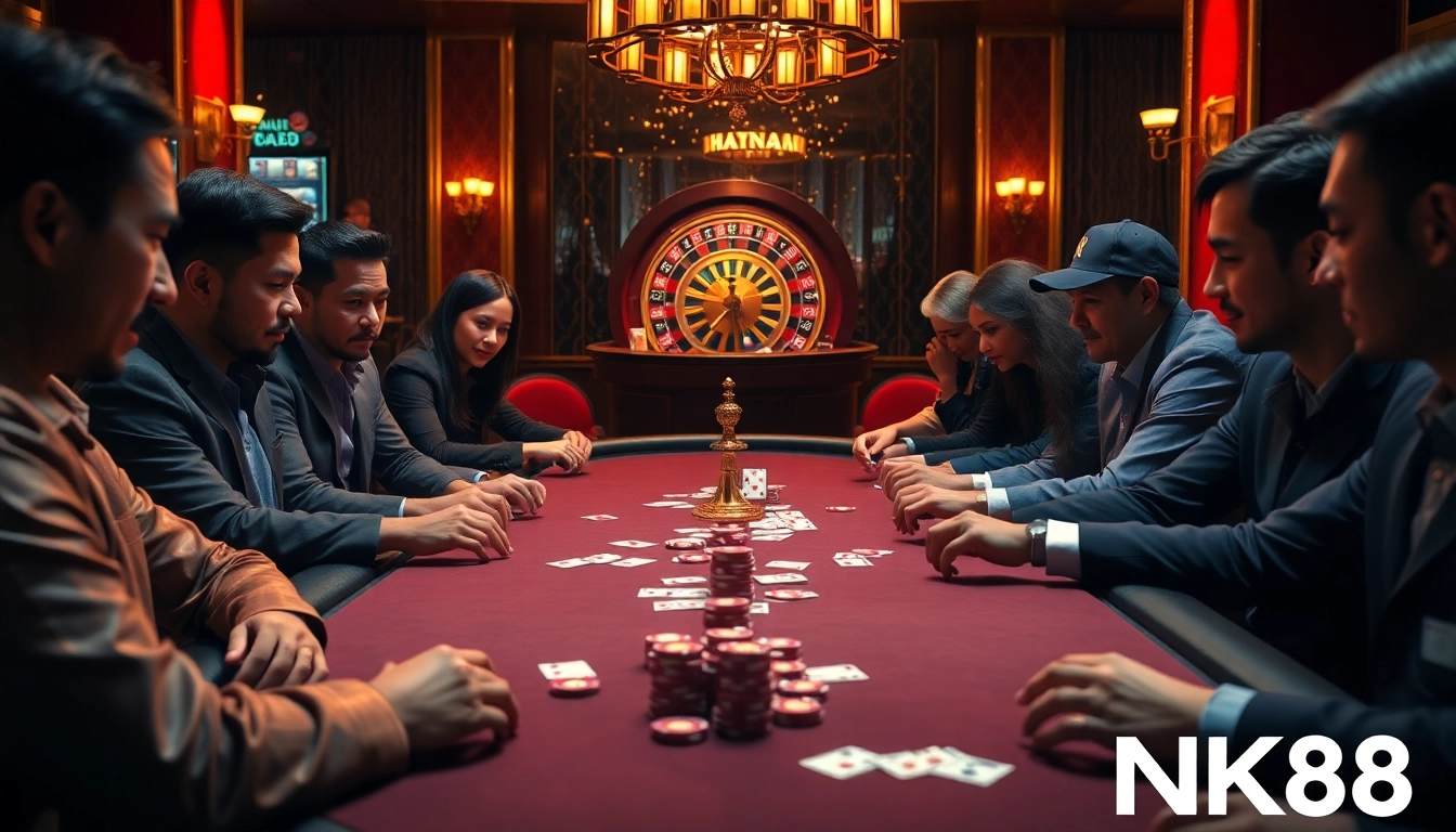 Engaging players experience the thrill of poker and roulette in a luxurious NK88 casino setting.
