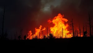 Capture of wildfire events showing firefighters battling flames in a dramatic landscape.