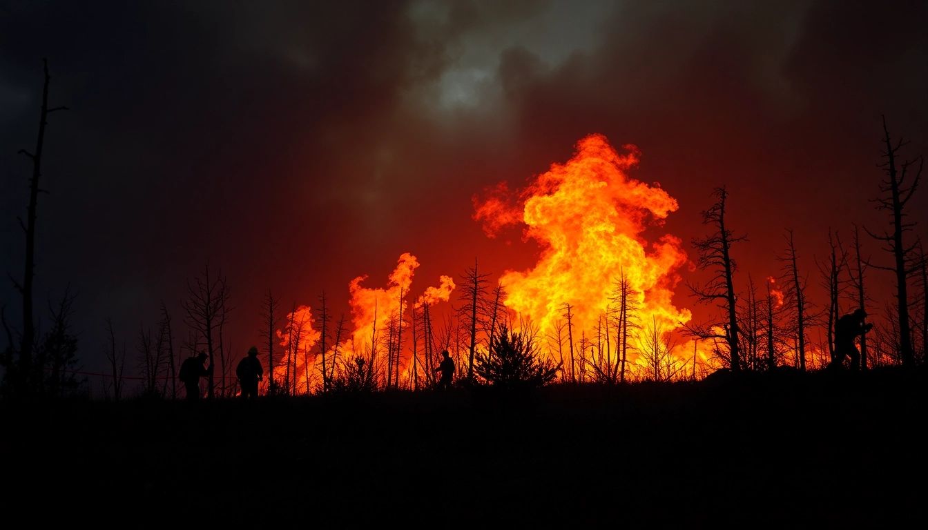 Capture of wildfire events showing firefighters battling flames in a dramatic landscape.